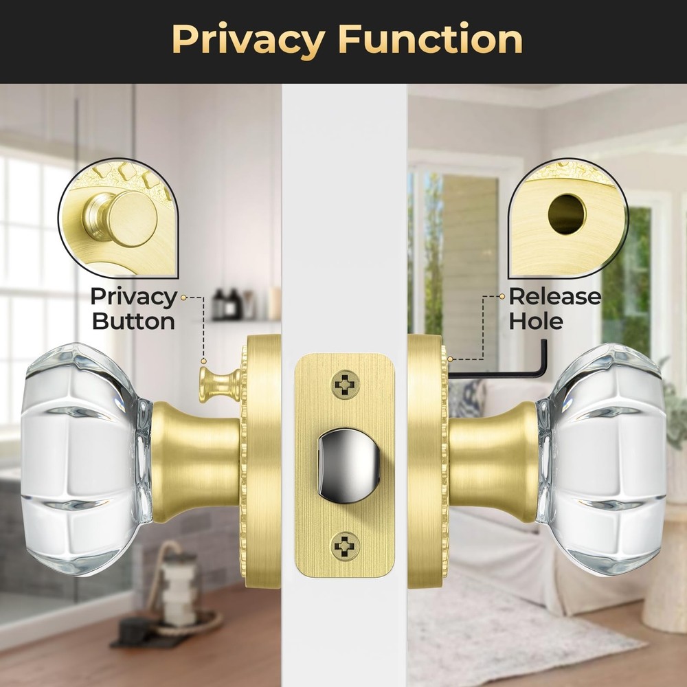 Glass Door Knobs with Lock, Gold Satin Brass Crystal Door Knobs Interior for ...
