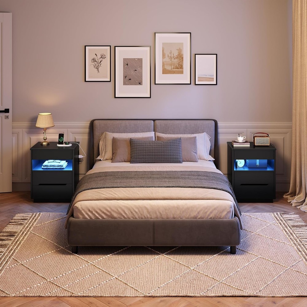 HOOBRO Nightstand with Charging Station LED Bedside Table