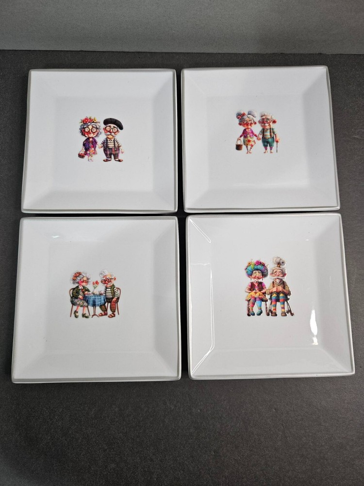 Platter & 4 Plates - Whimsical Fun Applied Images on White Ceramic