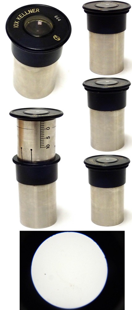CTS ASSORTED MICROSCOPE EYEPIECES 4X, 6X, 10X COMP & 10X KELLNER w/ BOX, 10PCS
