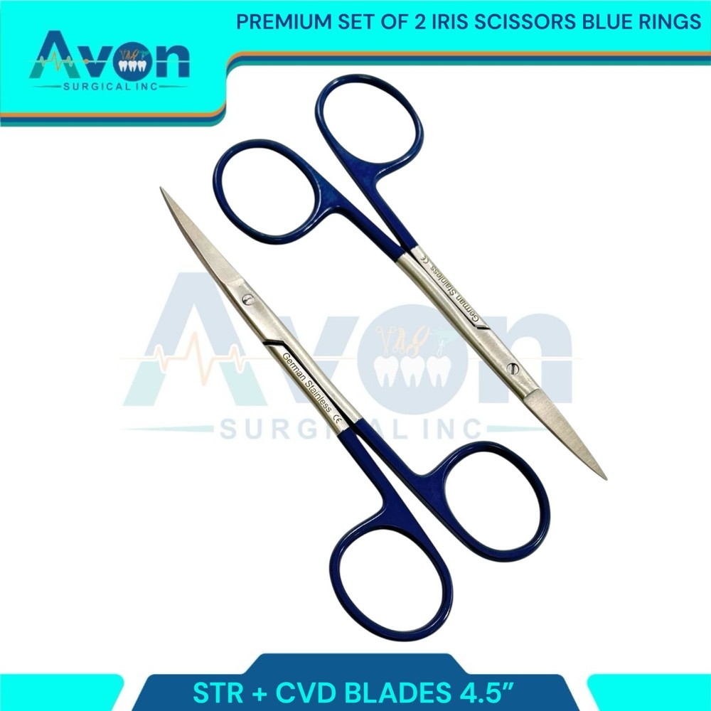 2pcs Premium Dissecting Iris Scissors with Sharp Points, Curved+Straight - 4.5in