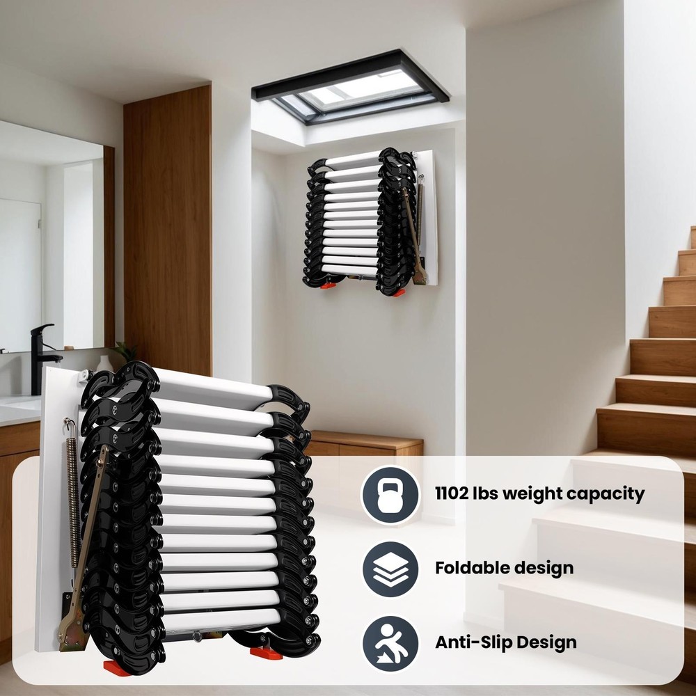 12-Step Al-Mg AlloyWall Mounted Attic Ladder 1102LBS Pull Down Step Ladder