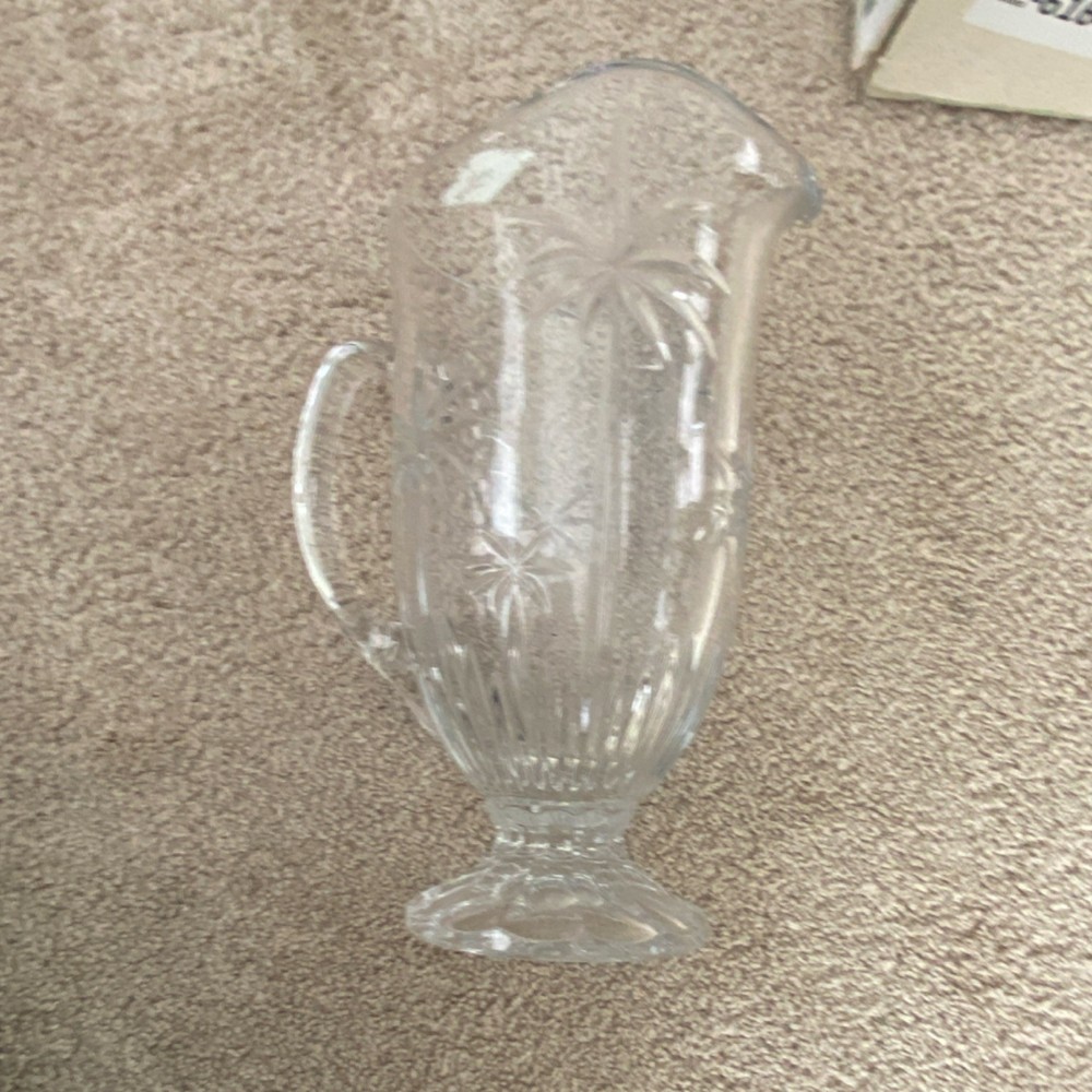 Clear Glass Palm Tree Pattern Oval Pitcher with Handle, Glossy Pressed