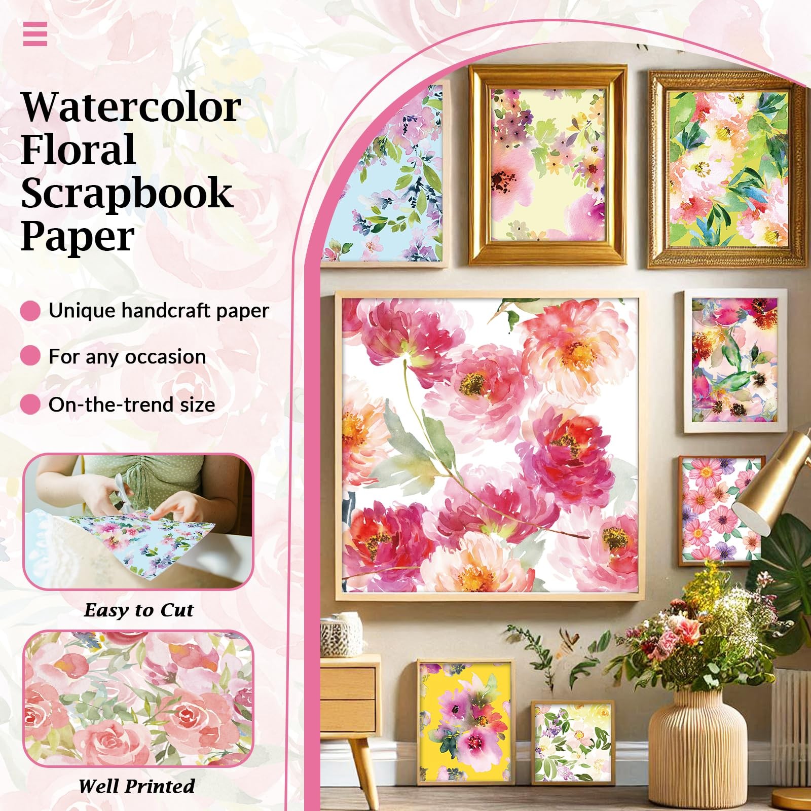 48PCS Floral Pattern Paper Double Sided Watercolor Flower Scrapbook Specialty...