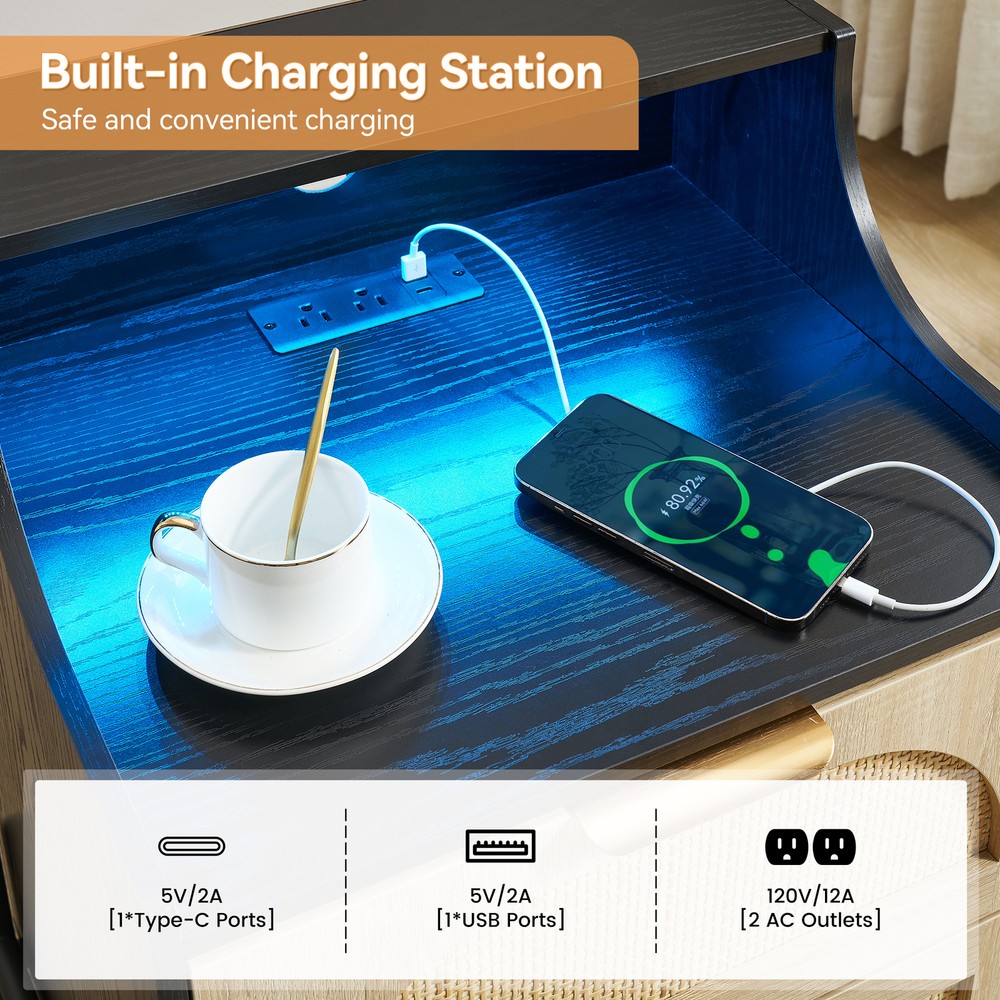 Rattan Nightstand with Charging Station & LED Lights Bedside Table End Table