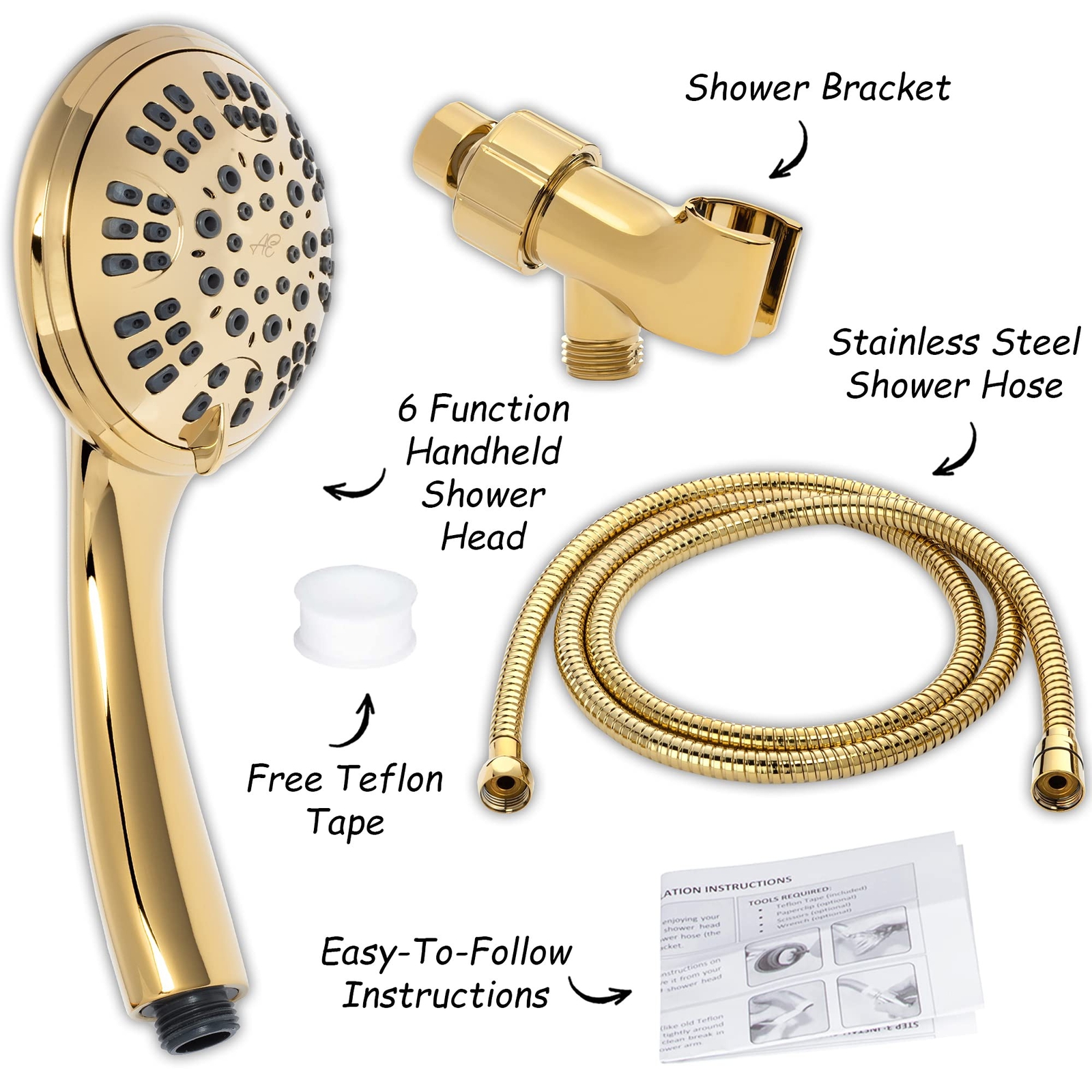 6 Function Handheld Shower Head Kit (Aqua Elegante) - Polished Brass - 2.5 GPM