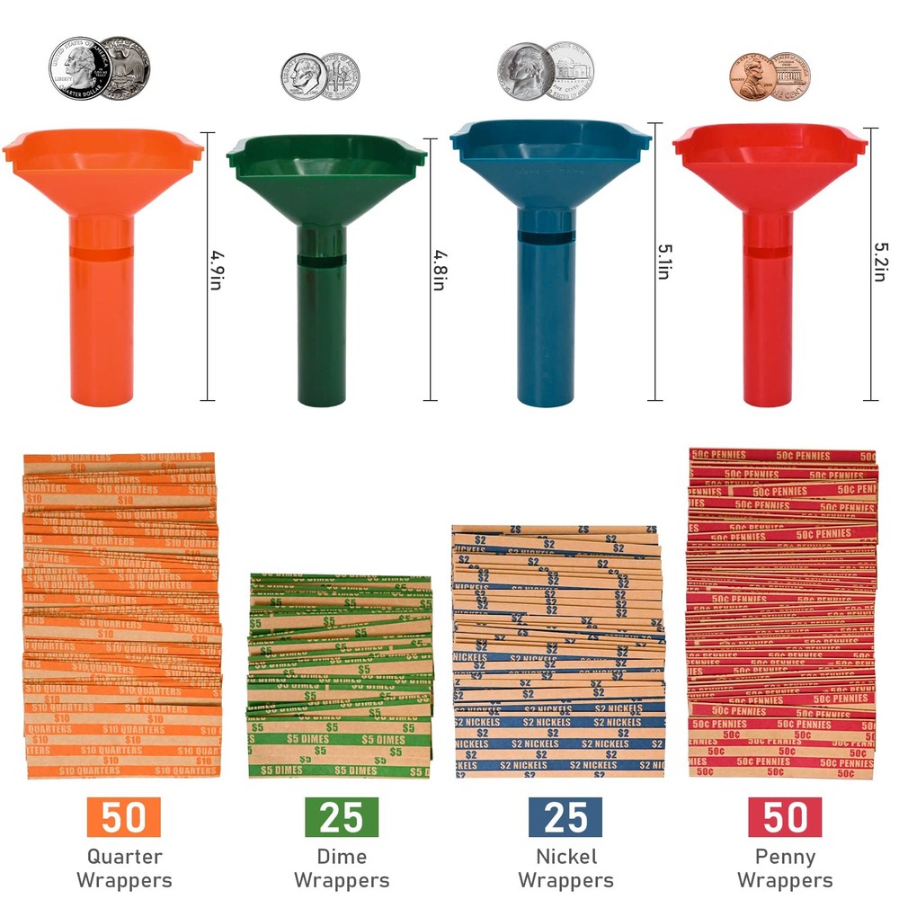 150 Assorted Flat Striped Coin Wrappers & 4 Coin Sorters Tubes, Color-Coded Coin