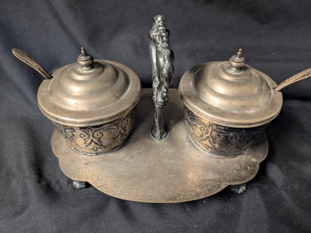 Vintage Silver Plated Floral Condiment Jam Caddy w Spoons Crown Stars Mark