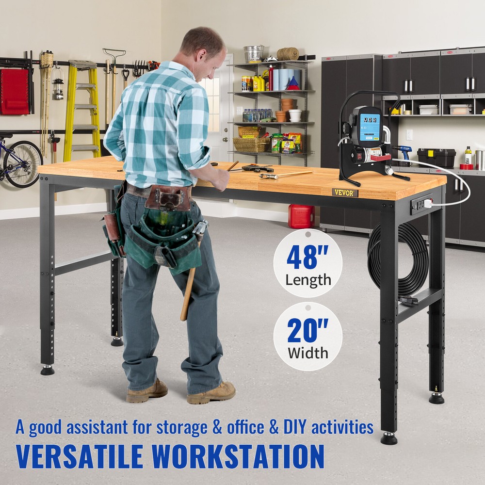 Adjustable Height Workbench 48"L x 20"W Work Bench Table w/ Power Outlets