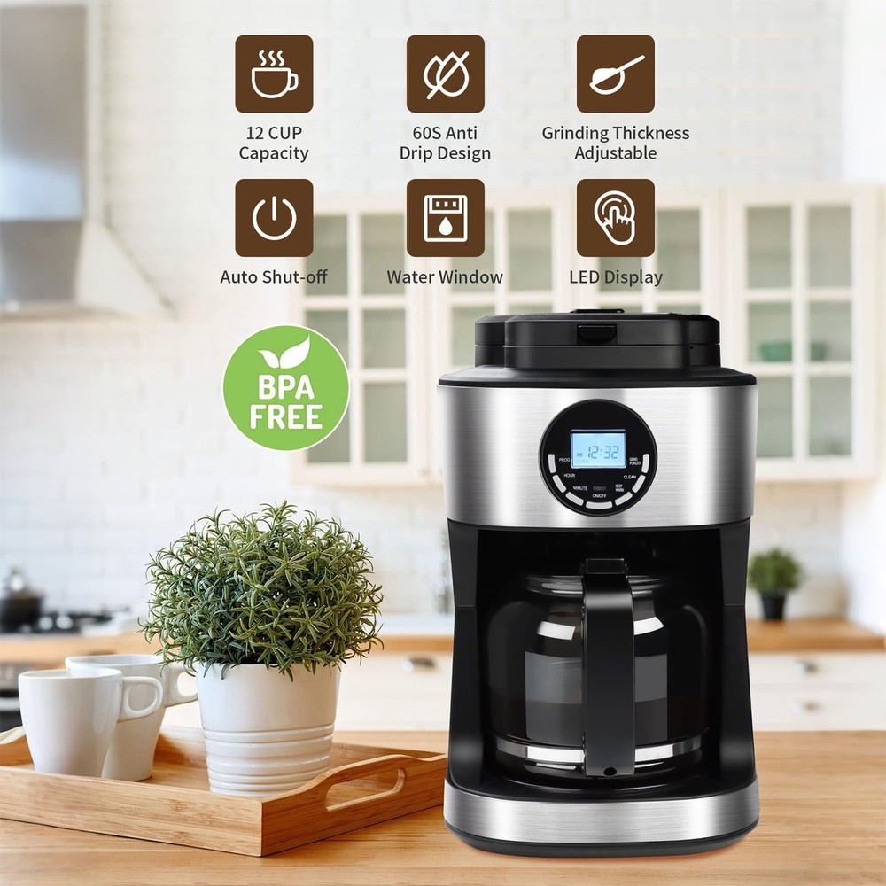 Coffee Maker with Grinder 12 Cups, Programmable Grind and Brew Coffee