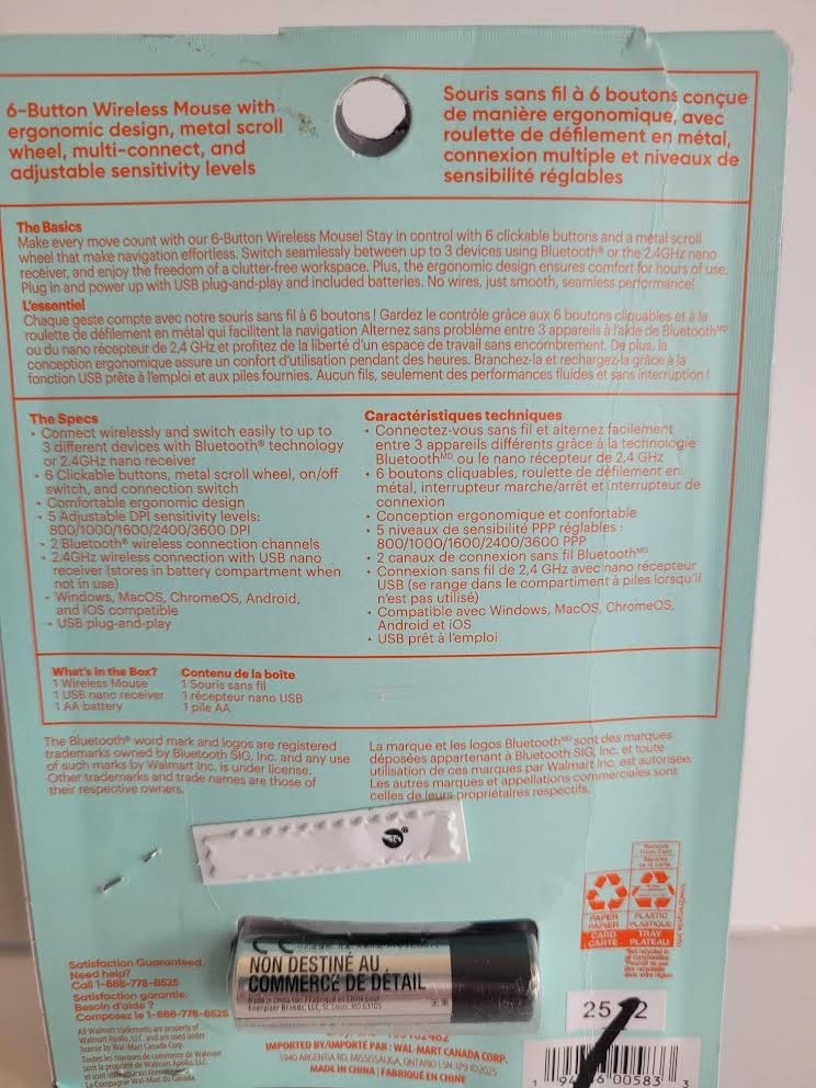onn. 2.4ghz 6 button wireless mouse new damaged box