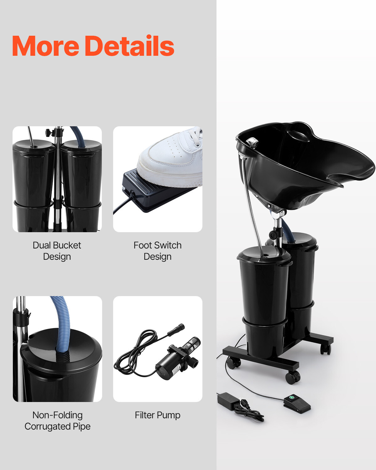 Portable Shampoo Bowl with Drain Hose 2 Buckets Adjustable Height Salon Sink