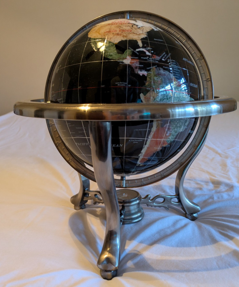 13" Black Onyx Tabletop Gemstone World Globe with Silver Tripod