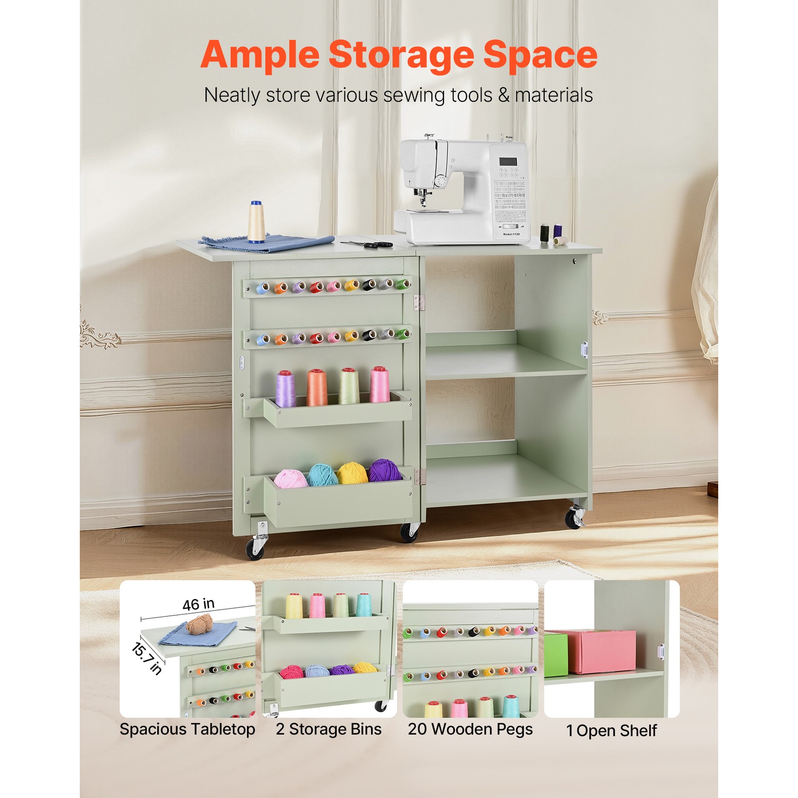 Uimoso Folding Multipurpose Sewing Table with Compact Design, Light Green