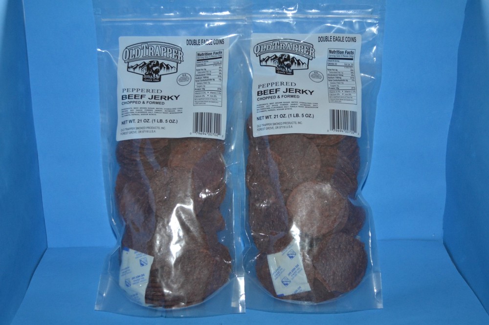 (2) Old Trapper BEEF JERKY ROUNDS Peppered, 21 oz, Double Eagle 04/2027