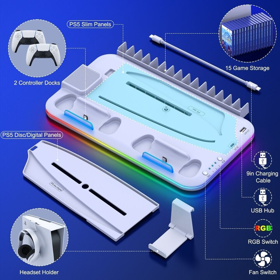 PS5 Slim Stand Cooling Fan,PS5 Controller Charging Station for Sony Playstation5