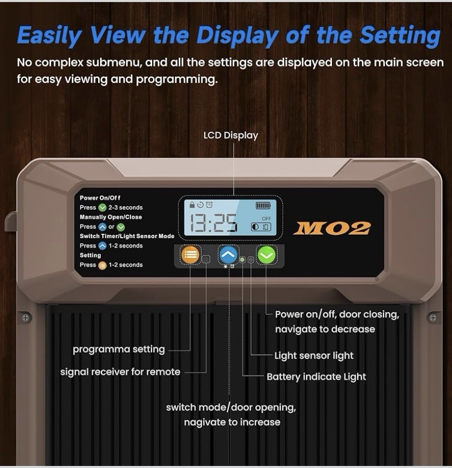 Solar-Powered Automatic Chicken Coop Door with LCD Screen - 4 Open Modes Timer