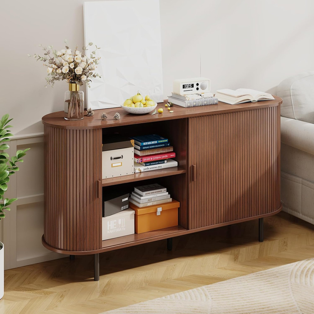 Modern 55" Walnut Buffet Sideboard with Sliding Door & Adjustable Shelf