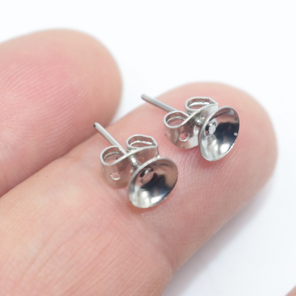 200 pcs Silver Blank Round Cup Peg 6mm Earring Stud Ear Post Pin with Stopper