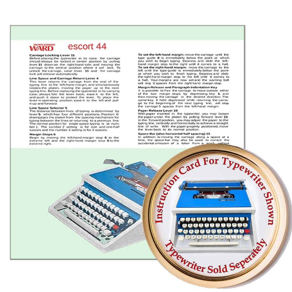 Montgomery Ward Escort 44 Typewriter Owner's User Instruction Card Guide