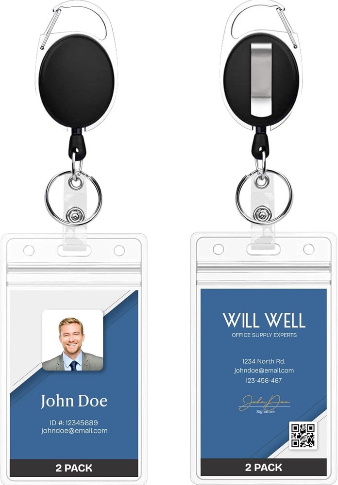 2 Pack Vertical ID Badge Holders with Clip & Keyring, Retractable 24" Pull