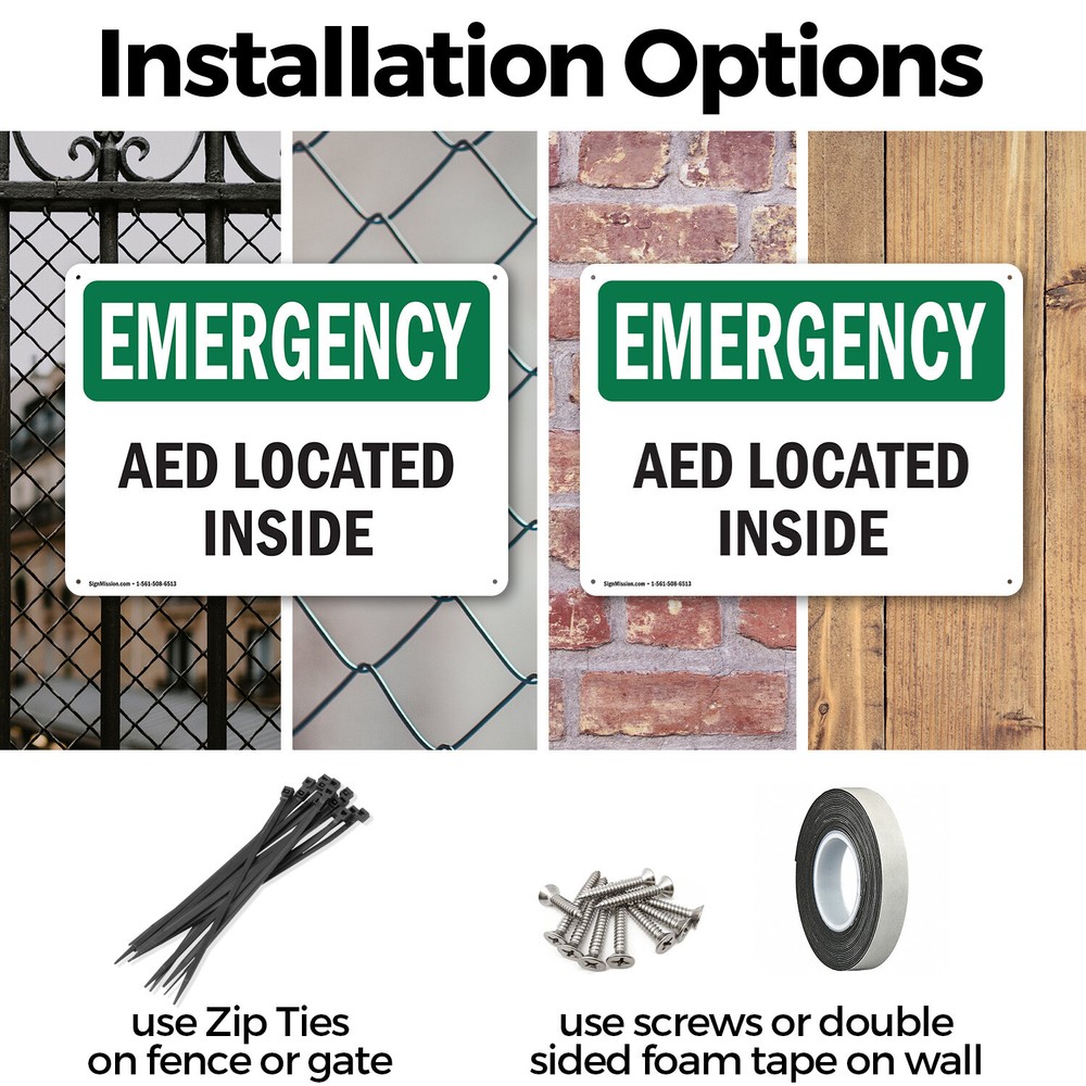 (2 Pack) AED Located Inside OSHA Emergency Sign Decal Metal Plastic