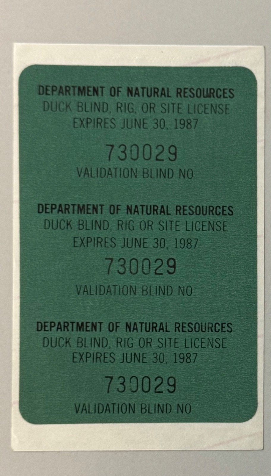 1986 Department of Natural Resources Duck Blind, Rig or Site License Stamp