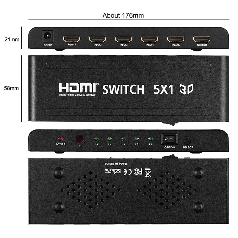 5 ports HDMI switch high definition Multimedia Interface UHD 4K X 2K 3D.