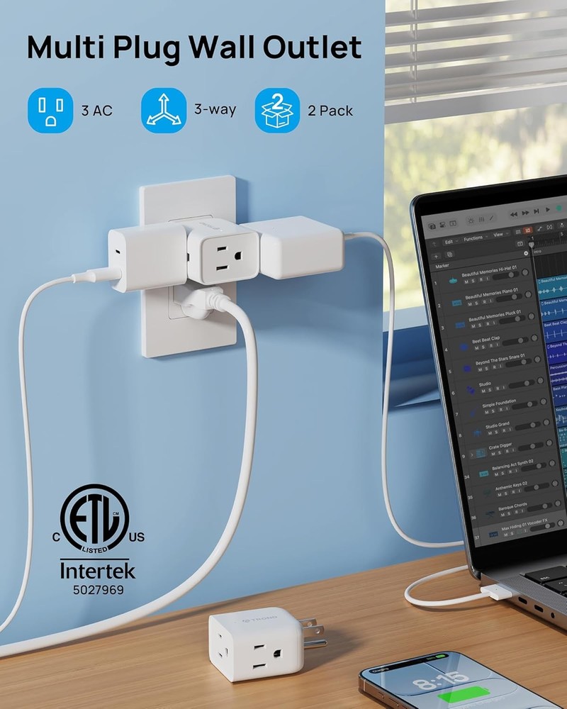 2 Pack Multi Plug Wall Outlet Extender - ETL Listed 3 Way Plug Adapter