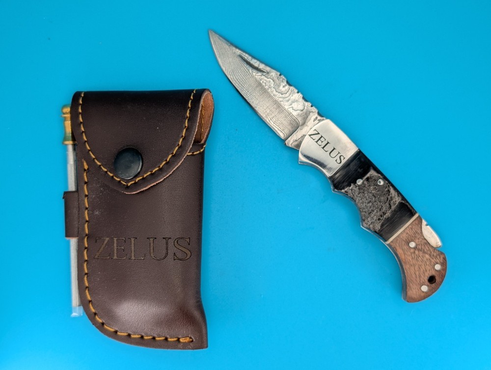 Zelus Damascus Blade Plain Edge Lockback Knife! With Leather Sheath!