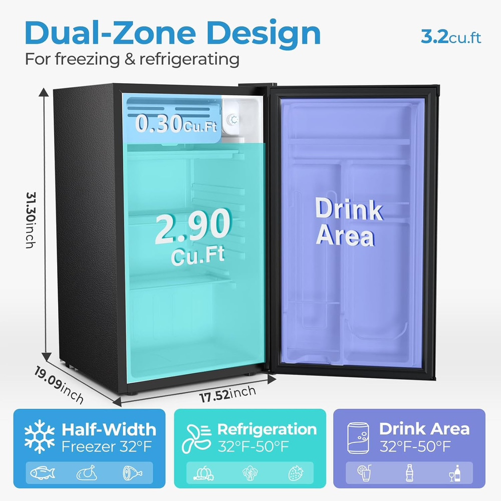 3.2 Cu.Ft. Mini Fridge with Freezer, Small Refrigerators with Adjustable Thermos
