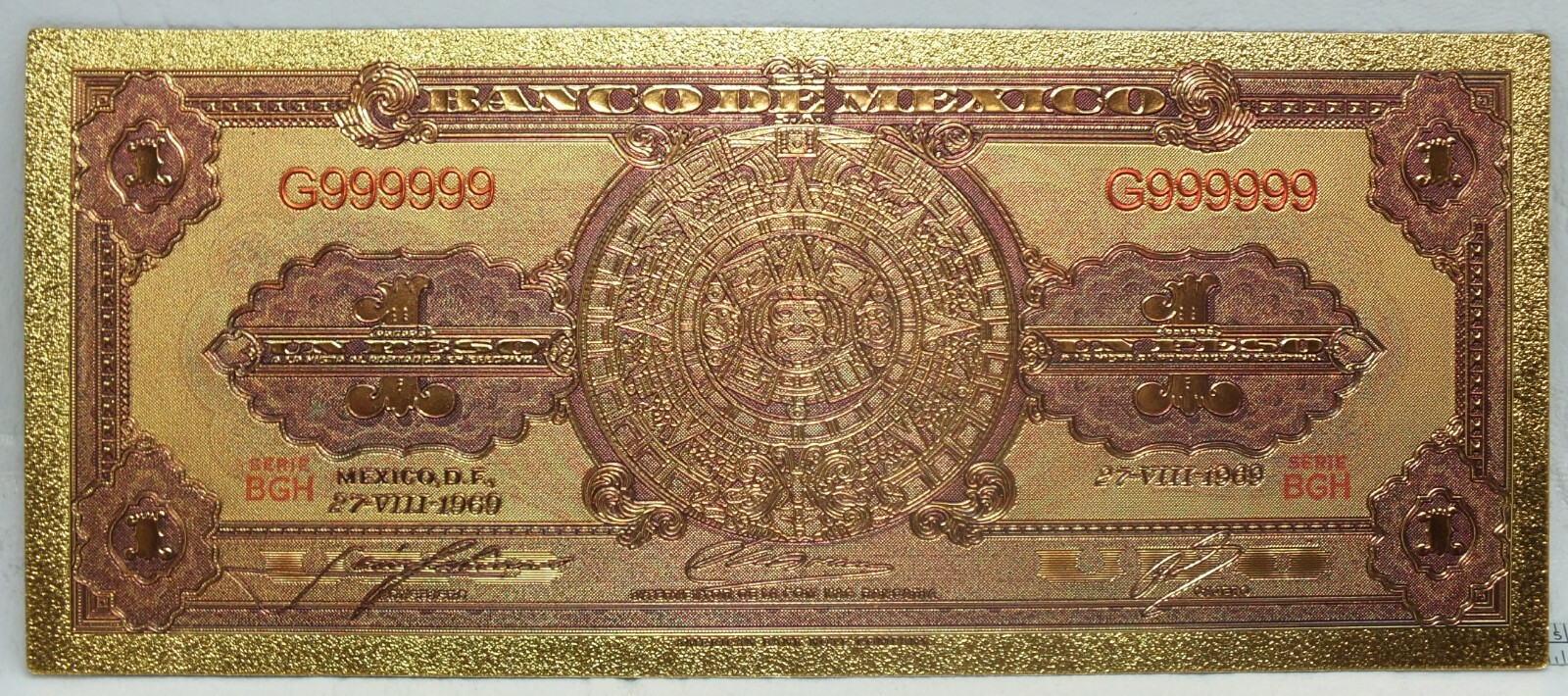 1969 Mexico 1 Peso Aztec Calendar Novelty 24K Gold Foil Plated Note Bill - GFN67
