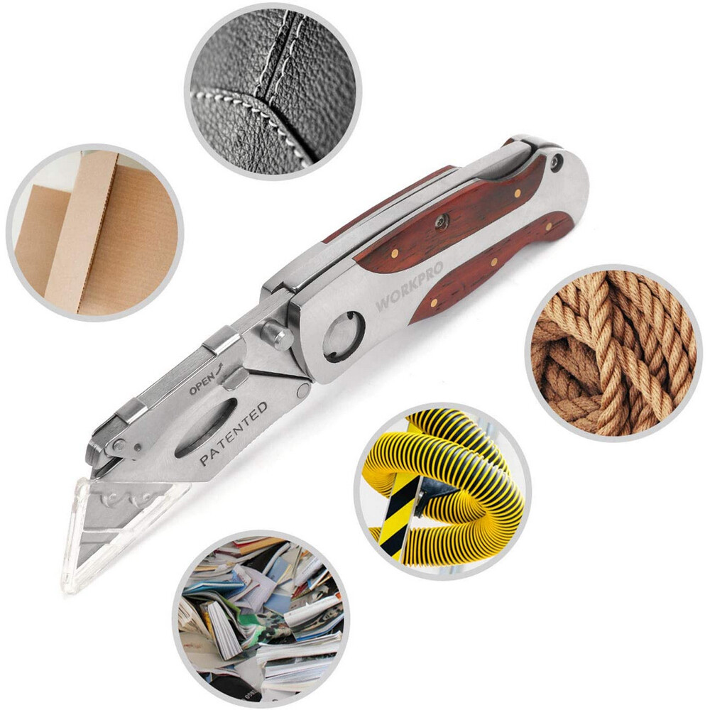 WORKPRO Folding Utility Knife Quick Change Blade Wood Grain Handle and Back Lock