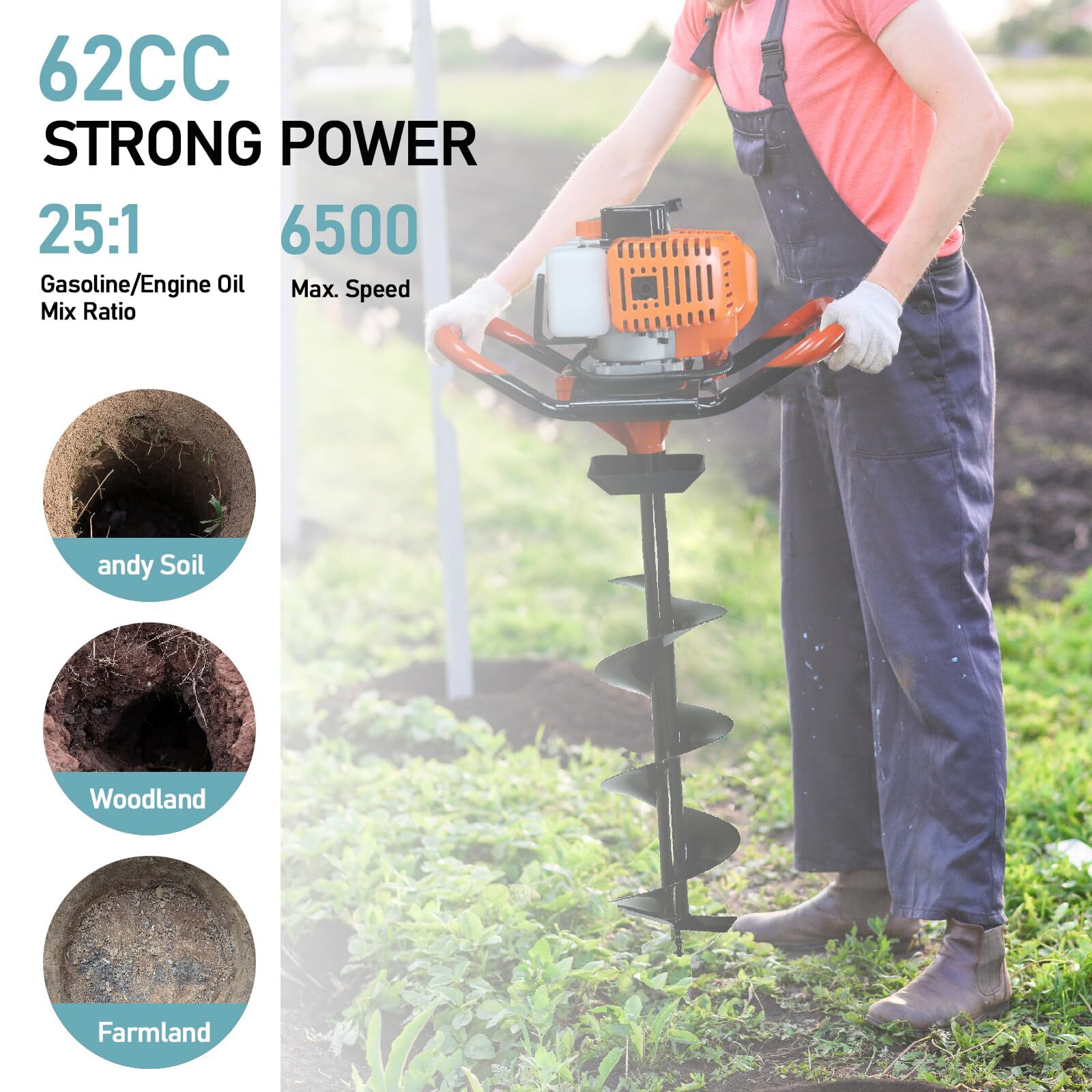 2100W 2-Stroke Earth Auger Kit - 62CC Motor w/ 3 Drill Bit Sizes & 3 Rod Set