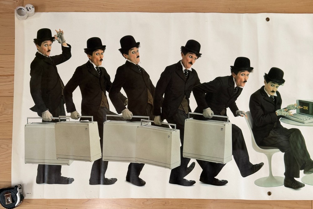 Two large early IBM computer PC personal computer trade show posters, Chaplin
