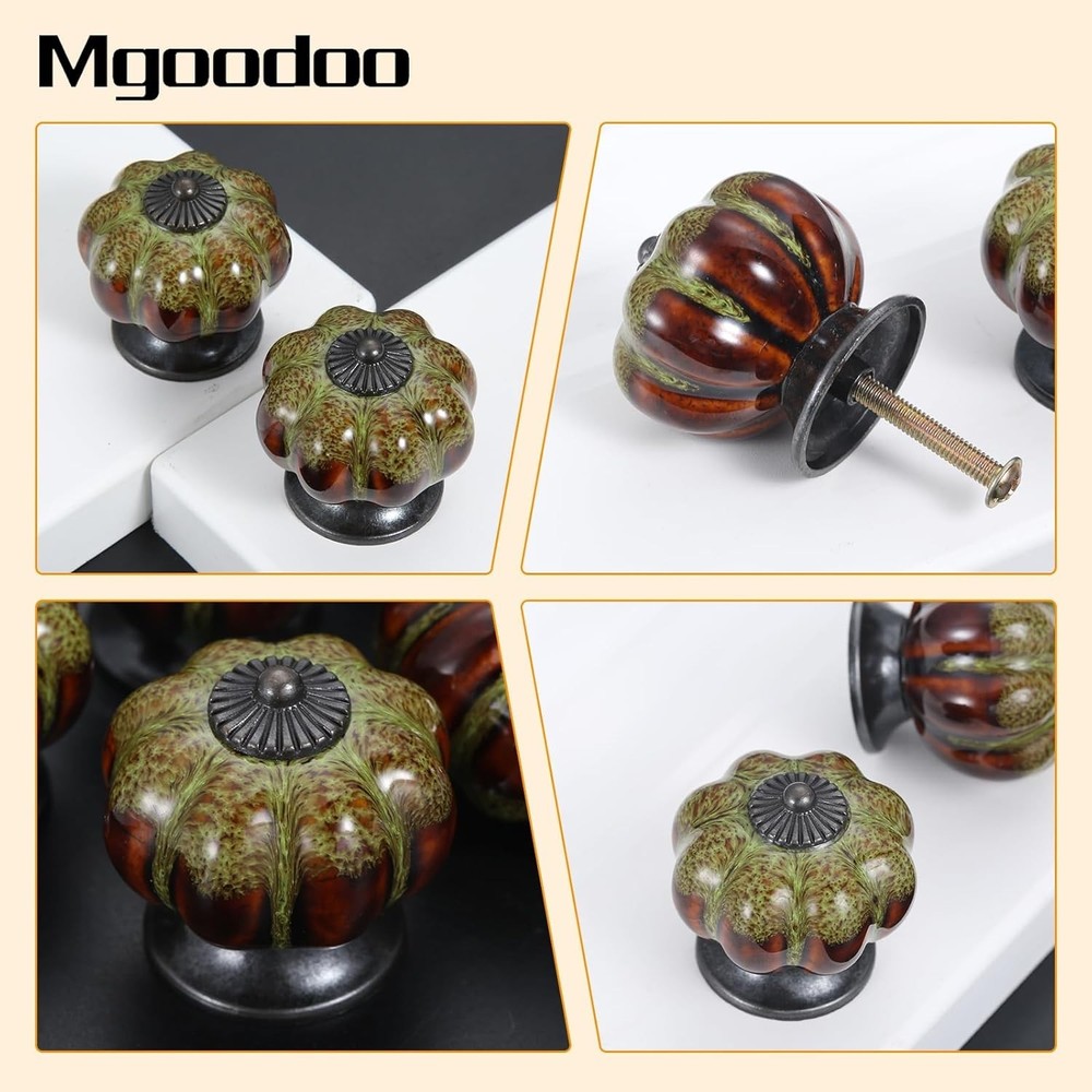 Rustic Green Pumpkin-Shaped Drawer Knobs - Handmade Ceramic Cabinet Pulls