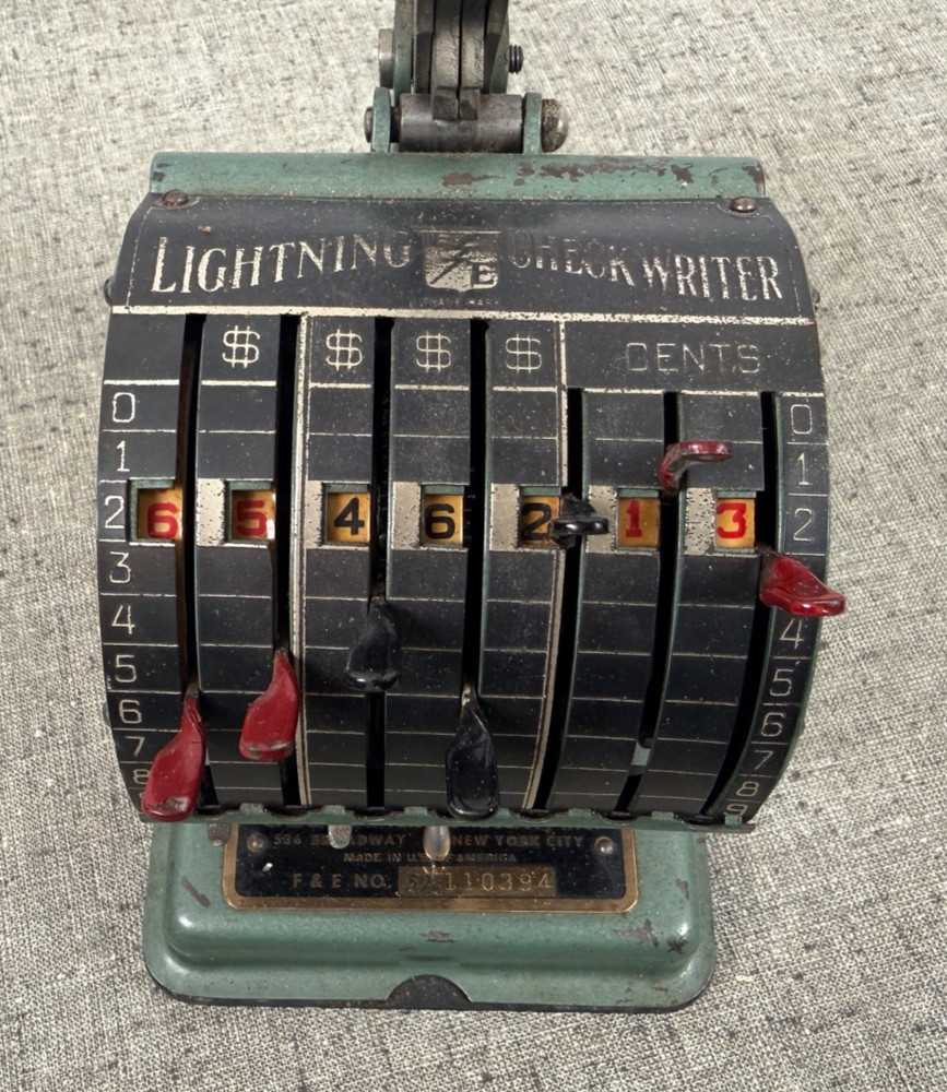 Check Writer Co. Antique Protective Lightning Check Writer Machine Adding