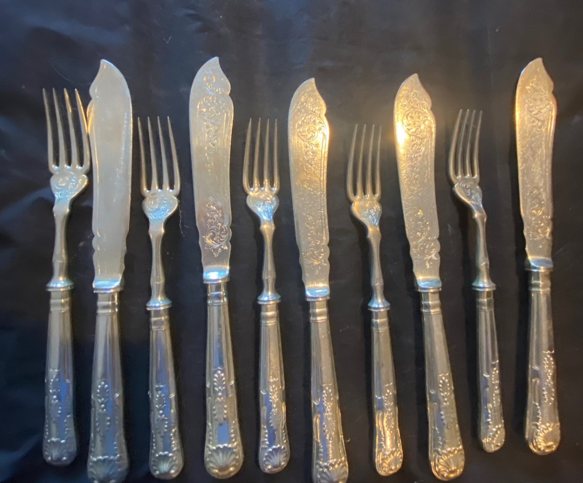 MAPPIN AND WEBB  SILVER PLATE ENGLISH SET 5 FISH FORKS AND KNIVES  10 PCS. S/P