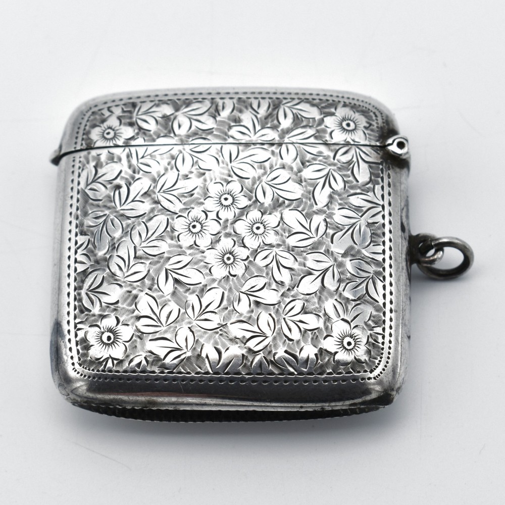Large Solid Silver Antique Vesta Case Match Safe Floral Ivy Pattern 1918
