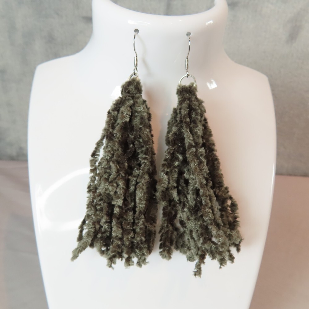 GRAY CHENILLE TASSEL Dangle Earrings Silver Tone Statement Artisan Unique Boho