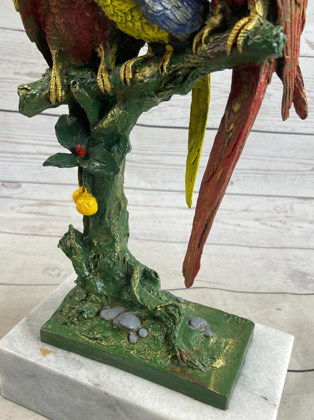 Three Macaw Parrots on a Branch Bronze Metal Statue Sculpture Colorful Decor Art