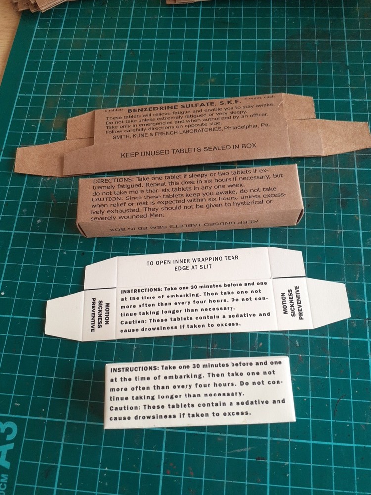 Reproduction WW2 US Army Motion Sickness And Benzodrine Tablets Boxes.