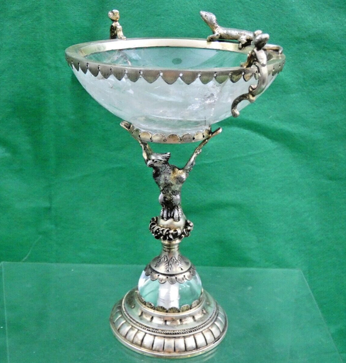GORGEOUS SILVER - GILT / ROCK CRYSTAL TAZZA ANTIQUE GERMAN FIGURAL EAGLE LIZARD