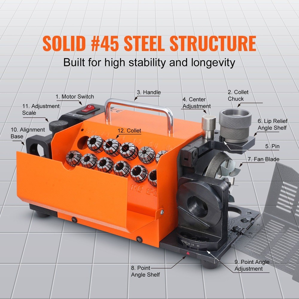 3-13mm Drill Bit Sharpener Grinder with 11 Collets & Precision Adjustment