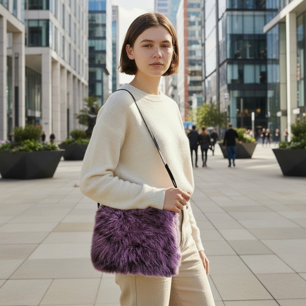 Vintage Y2K Faux Fur Punky Shoulder Bag Purple Medium Size for Women