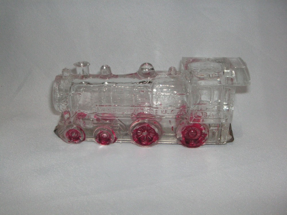 OLD FIGURAL LOCOMOTIVE GLASS CANDY CONTAINER WITH BOTTOM