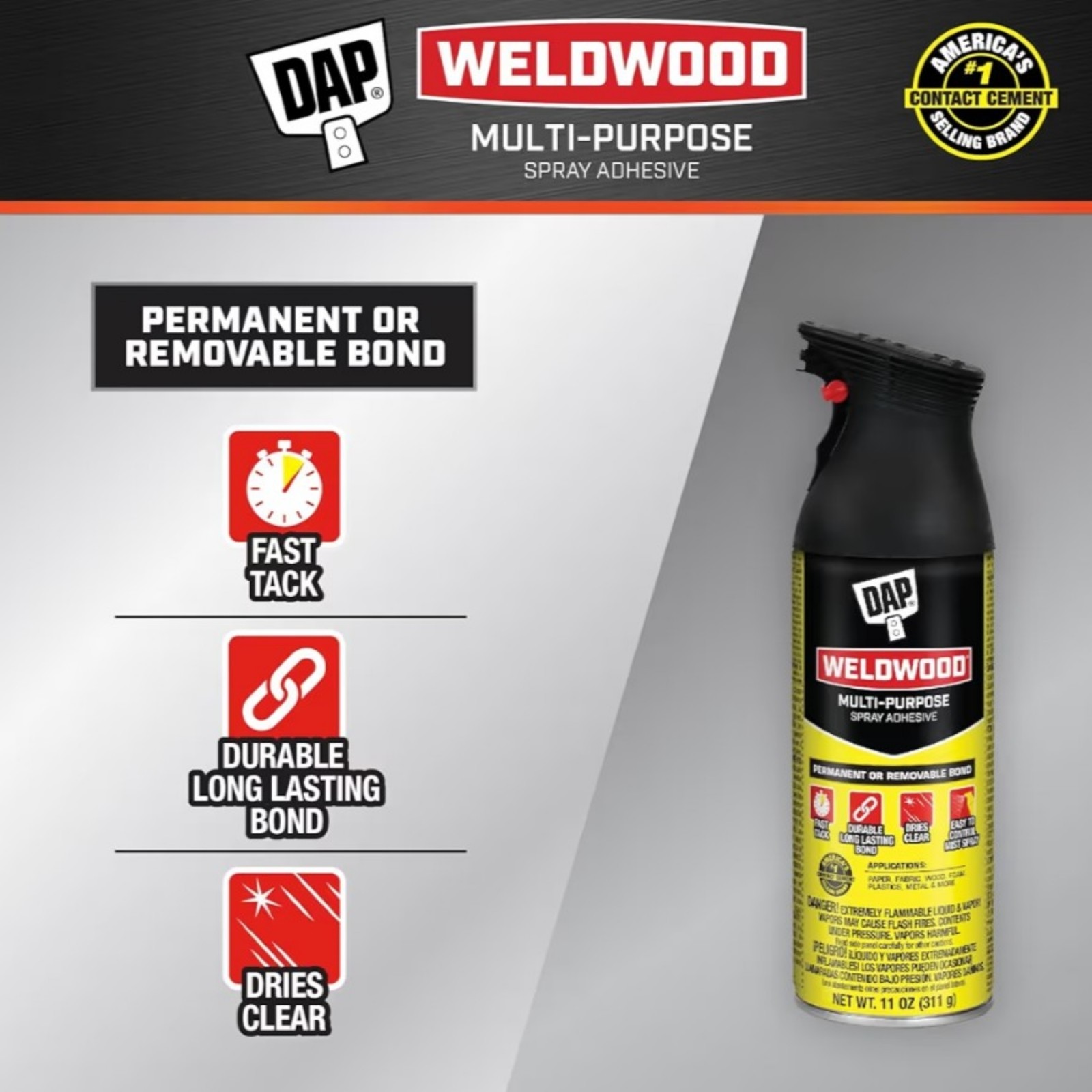 DAP Weldwood Spray Adhesive 11oz 2 Pack Multi Purpose Foam Fabrics Wood Plastics