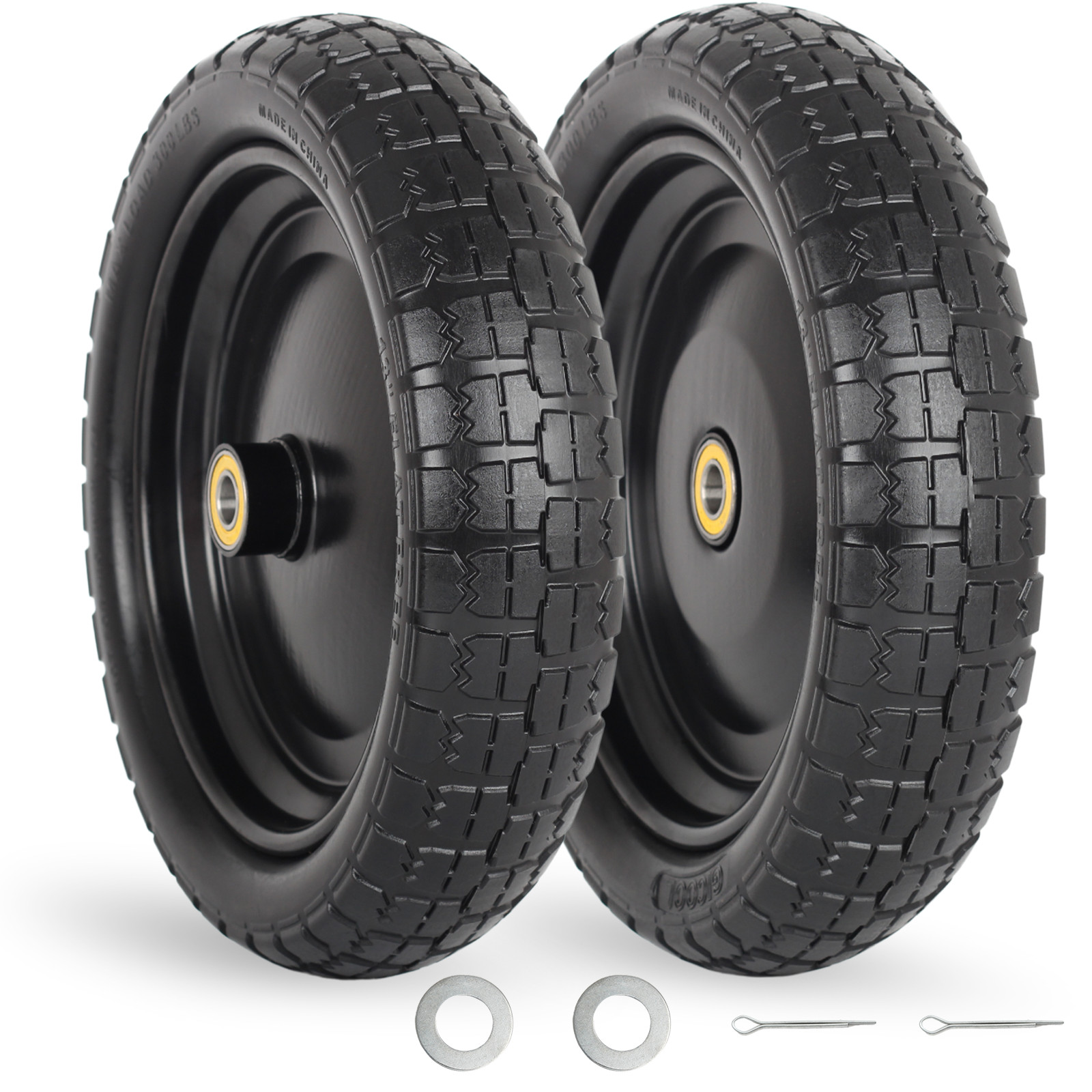 2 Pack 13 x 4.00-6 Flat free Tire & Wheel for Wheelbarrow Garden Wagon Trolley