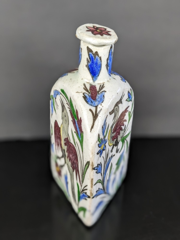 Antique Persian Qujar Pottery Bottle Tea Flask Floral Bird Pattern Triangular