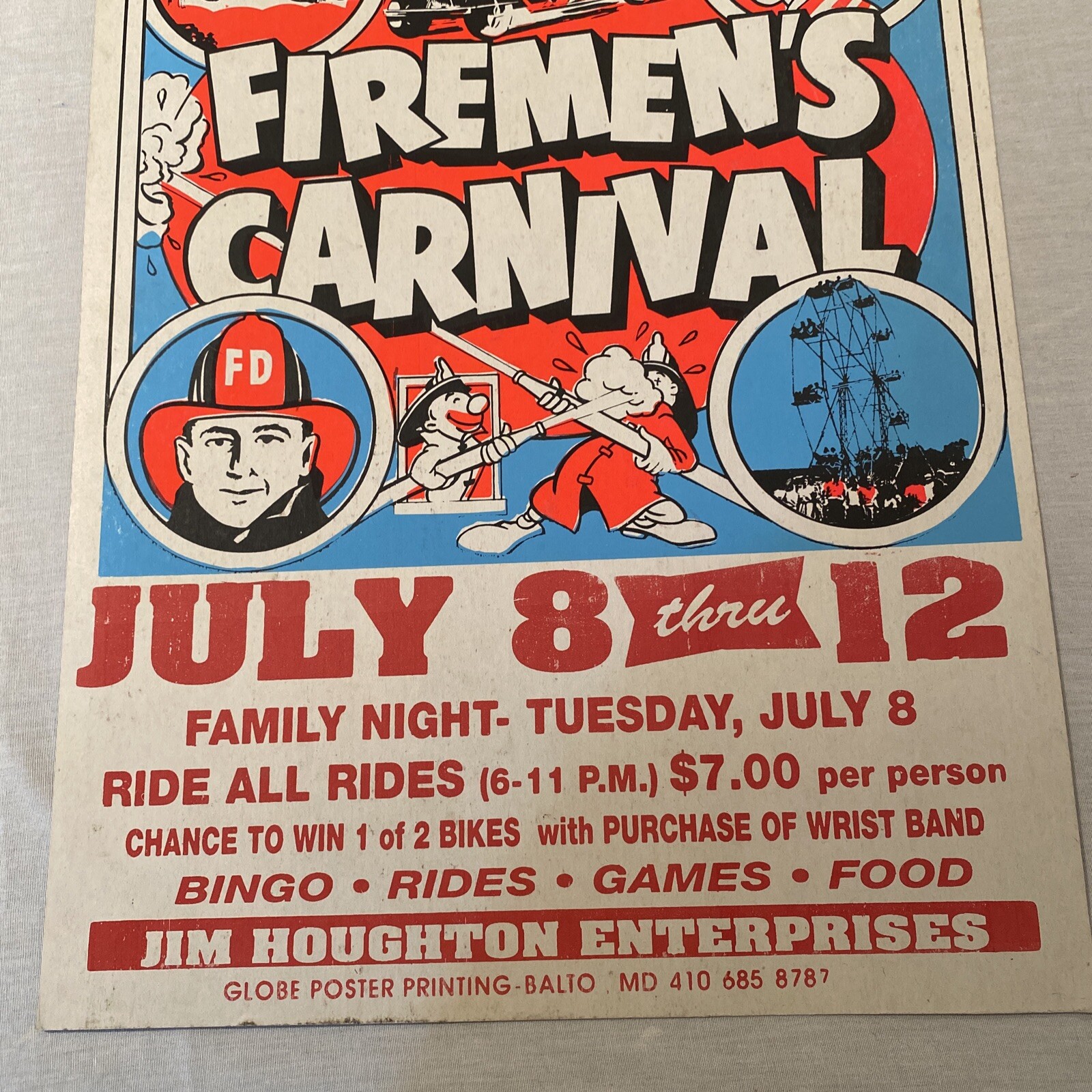 Vintage Sellersville Maryland Fire Dept 1990's Firemens Carnival Poster Globe Co